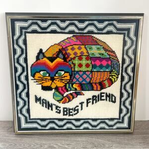 Vintage Needlepoint Framed Picture Cheshire Cat Man's Best Friend from Kit 1970s